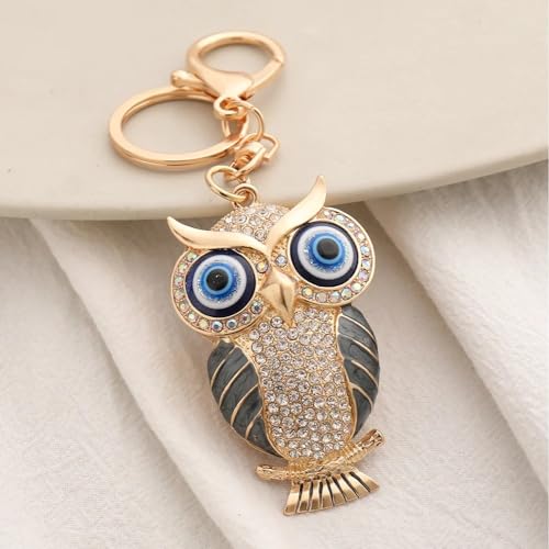 BLUE BEADS Gold with Evil Eye Crystal Rhinestone Sparkling Owl Keychain For Bike/Car Gifting Key Ring For Men Women and Handbag Charm (Black) - Image 3
