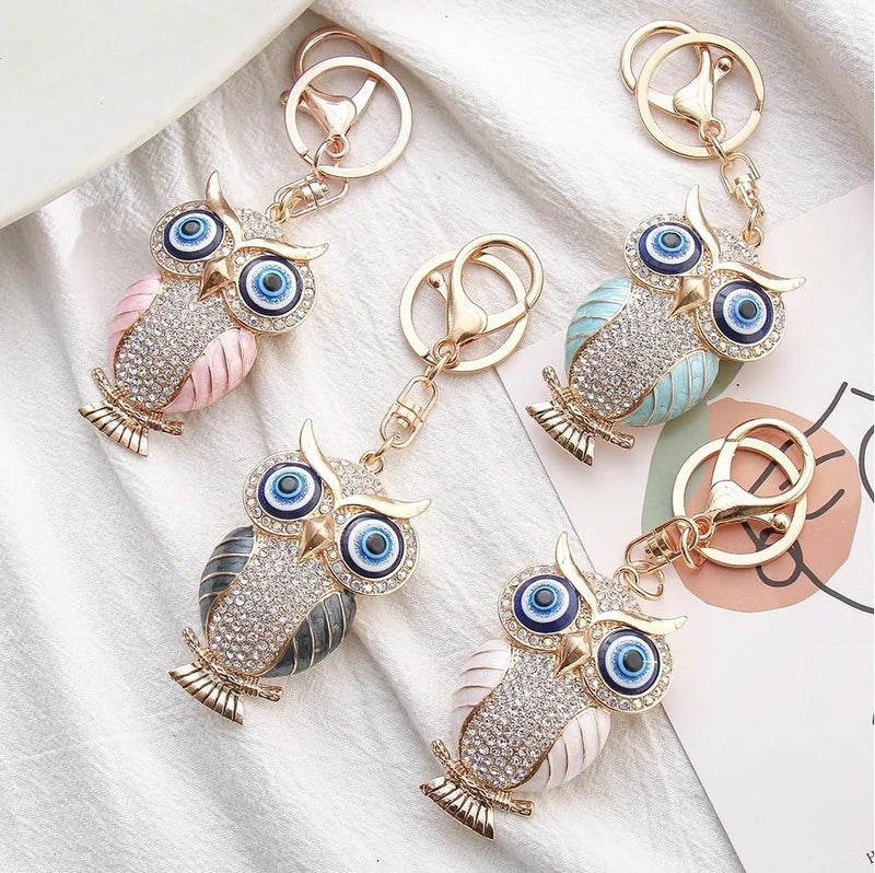 BLUE BEADS Gold with Evil Eye Crystal Rhinestone Sparkling Owl Keychain For Bike/Car Gifting Key Ring For Men Women and Handbag Charm (Black) - Image 2