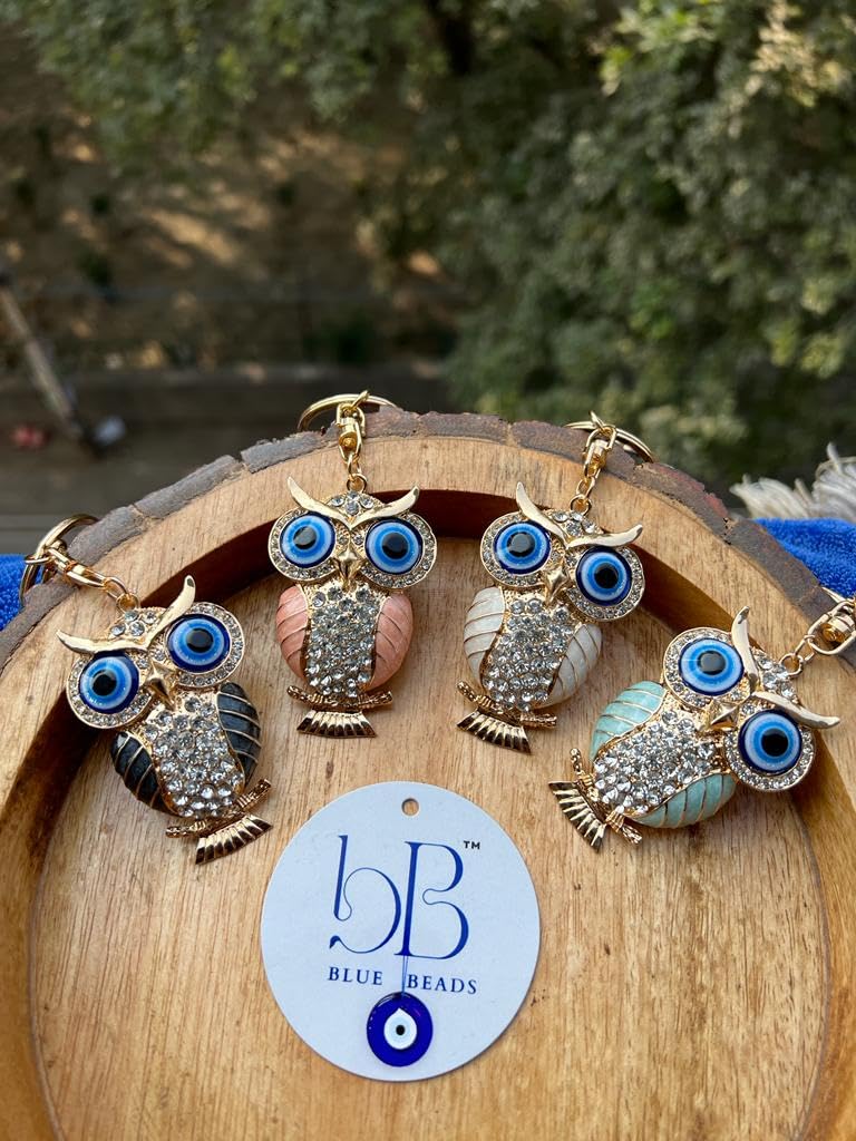 BLUE BEADS Gold with Evil Eye Crystal Rhinestone Sparkling Owl Keychain For Bike/Car Gifting Key Ring For Men Women and Handbag Charm (Black) - Image 5