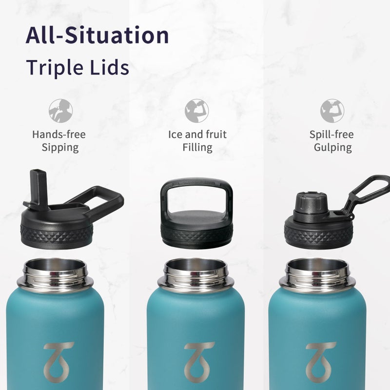 Trebo 40oz Water Bottle Insulated with Lid and Straw Double Wall Vacuum Stainless Steel Metal Tumbler Sports Flask with Paracord Handle  Keep Hot 24 Hours & Cold 48 Hours Water Jug with 3 Lids - Image 3