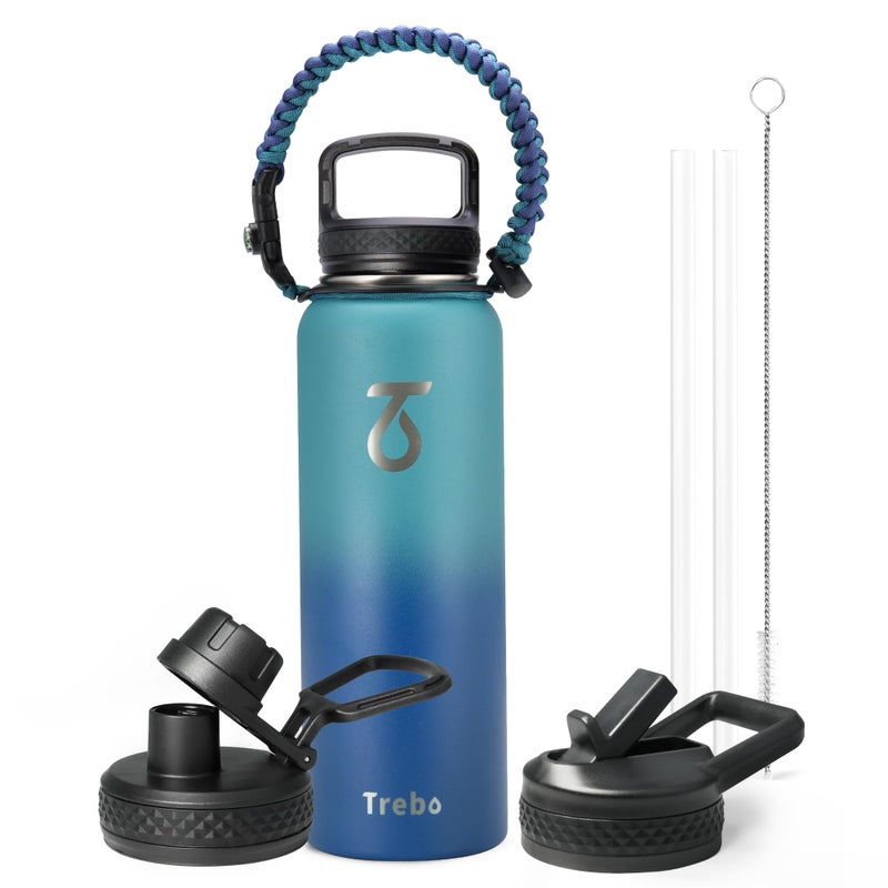 Trebo 40oz Water Bottle Insulated with Lid and Straw Double Wall Vacuum Stainless Steel Metal Tumbler Sports Flask with Paracord Handle  Keep Hot 24 Hours & Cold 48 Hours Water Jug with 3 Lids - Image 1