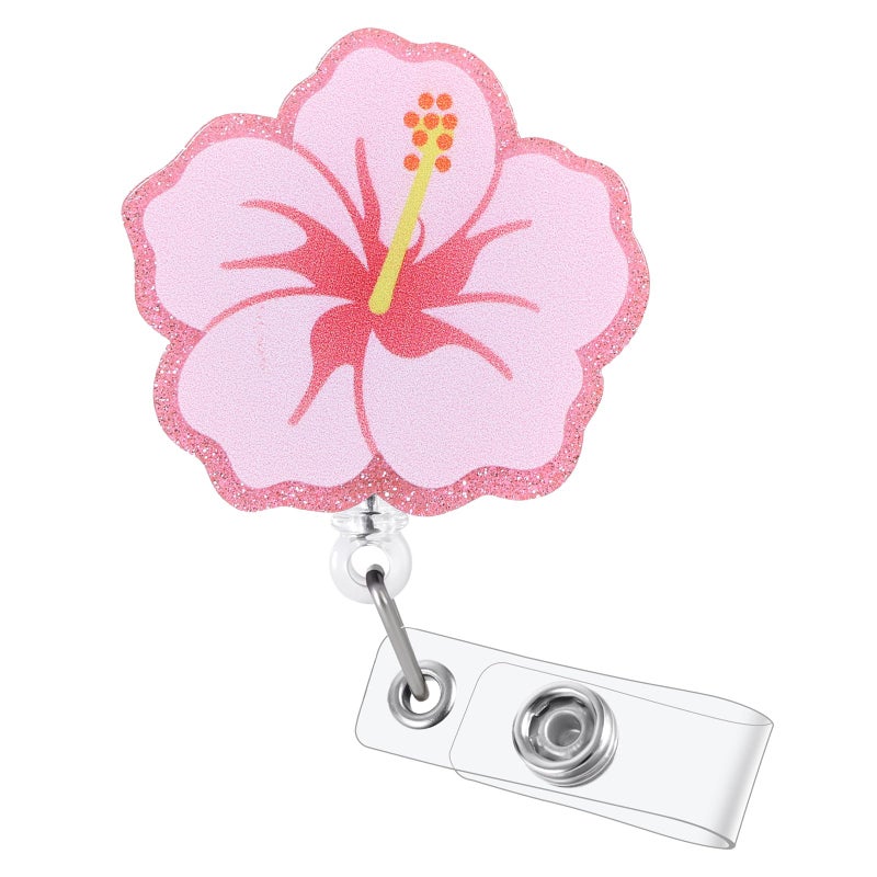 BVIIE Cute Hibiscus Flower Badge Reel  Retractable Id Card Pink Badge Holders  Work Badge Clip For Pediatric Ed Er Rn Cna Lpn Ma Pt Ot Therapists Hr Social Workers Nurses Doctor Teachers Nursing Student - Image 1