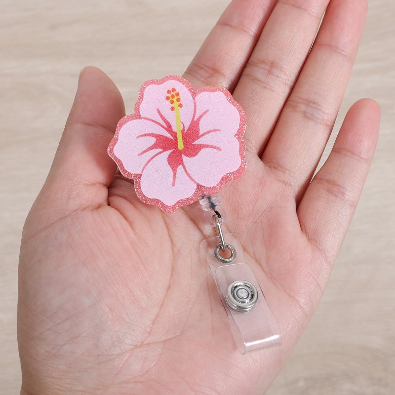 BVIIE Cute Hibiscus Flower Badge Reel  Retractable Id Card Pink Badge Holders  Work Badge Clip For Pediatric Ed Er Rn Cna Lpn Ma Pt Ot Therapists Hr Social Workers Nurses Doctor Teachers Nursing Student - Image 2