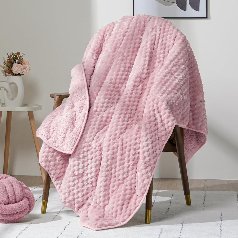 Wemore Fleece Weighted Blanket for Adults (48" x 72" 12lbs, Pink), Dual Sided Cozy Soft Sherpa Heavy Blanket, 3D Imitation Turtle Shell Warm Jacquard Flannel Weighted Blankets for Couch and Bed - Image 1