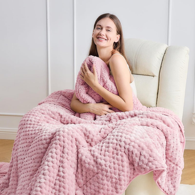 Wemore Fleece Weighted Blanket for Adults (48" x 72" 12lbs, Pink), Dual Sided Cozy Soft Sherpa Heavy Blanket, 3D Imitation Turtle Shell Warm Jacquard Flannel Weighted Blankets for Couch and Bed - Image 2