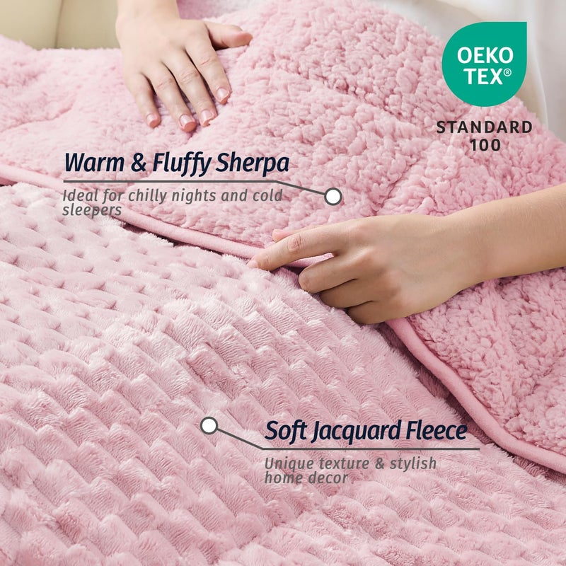 Wemore Fleece Weighted Blanket for Adults (48" x 72" 12lbs, Pink), Dual Sided Cozy Soft Sherpa Heavy Blanket, 3D Imitation Turtle Shell Warm Jacquard Flannel Weighted Blankets for Couch and Bed - Image 3