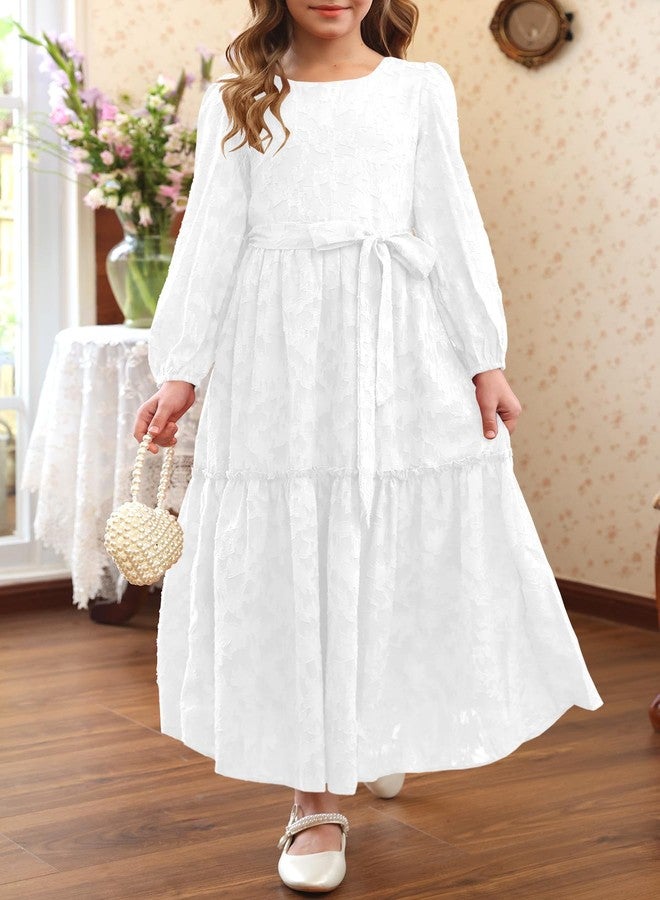 MITILLY Fall Flower Girl Dress Long Sleeve Elegant Crew Neck A-Line Elastic Waist Formal Maxi Dresses with Belt 6-12 Years, White, 8 Years - Image 2