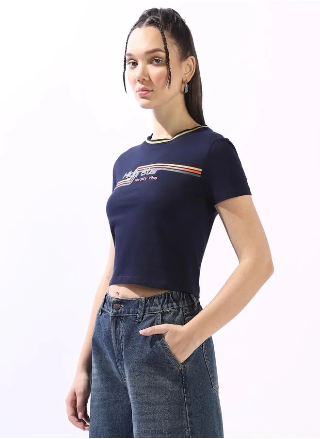 HIGH STAR Women's Navy 100% Cotton Printed Slim Fit T-Shirt