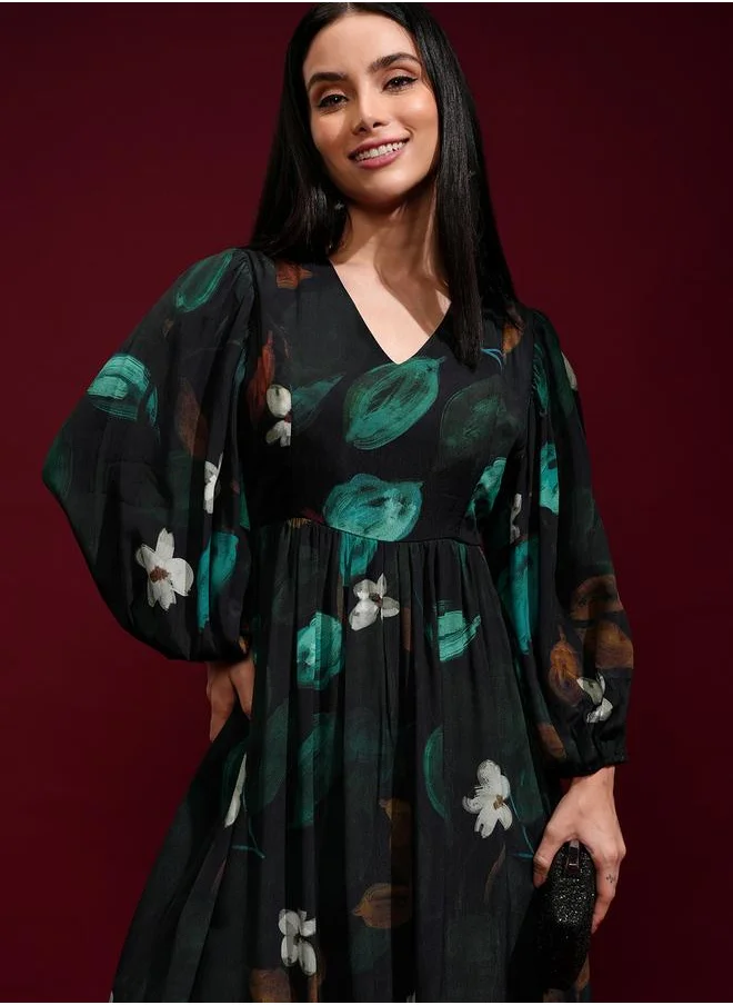 Vishudh Vishudh Women Floral Printed Balloon Sleeves A-Line Maxi Dress