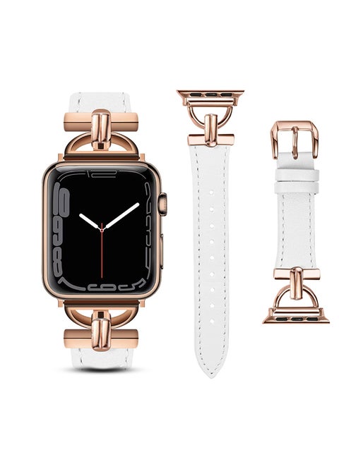 Leather Band For Apple Watch Series 10 9 8 7 6 5 4 SE, 38/40/41/42mm Slim Strap with D-Shape Rose Gold Metal Buckle Strap- Plain White