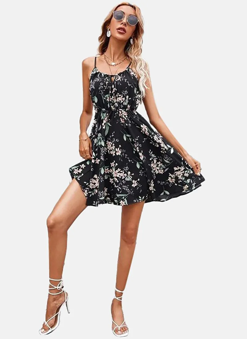 يونيكي Black Women Shoulder Straps Floral Fit & Flare Dress
