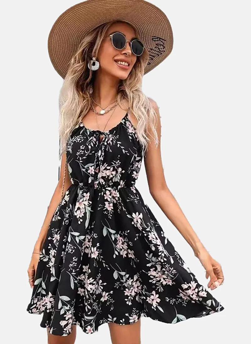 يونيكي Black Women Shoulder Straps Floral Fit & Flare Dress