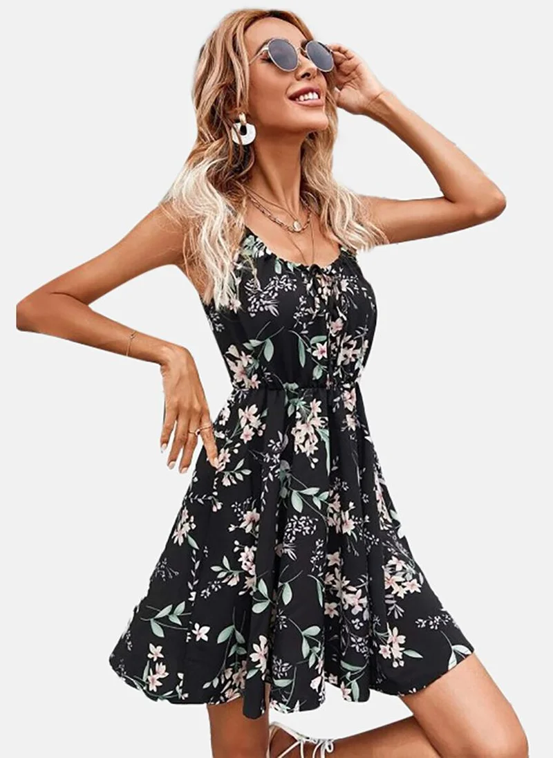 YUNIQEE Black Women Shoulder Straps Floral Fit & Flare Dress