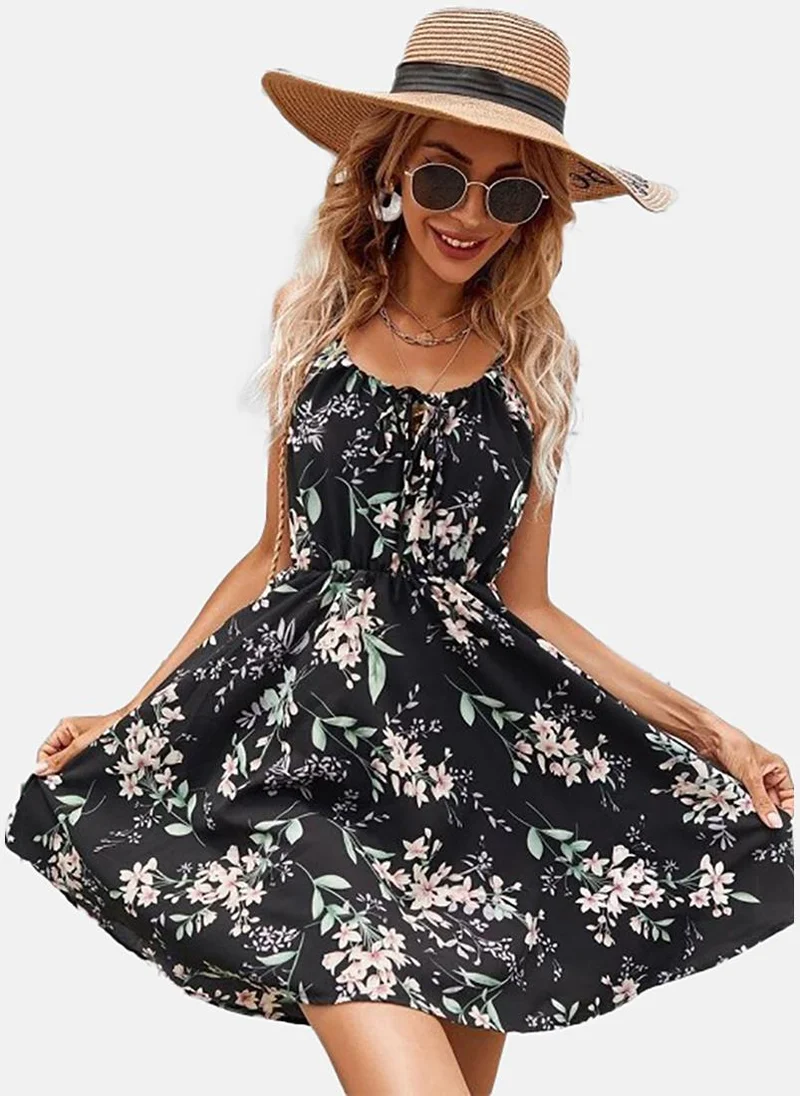 YUNIQEE Black Women Shoulder Straps Floral Fit & Flare Dress
