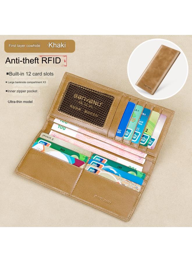 banyanu Wallet Men's Long Genuine Leather Ultra-Thin Anti-Theft Brush Leather Wallet with Zipper Cowhide Wallet Khaki-Thin (Anti-Theft Brush) - Image 2