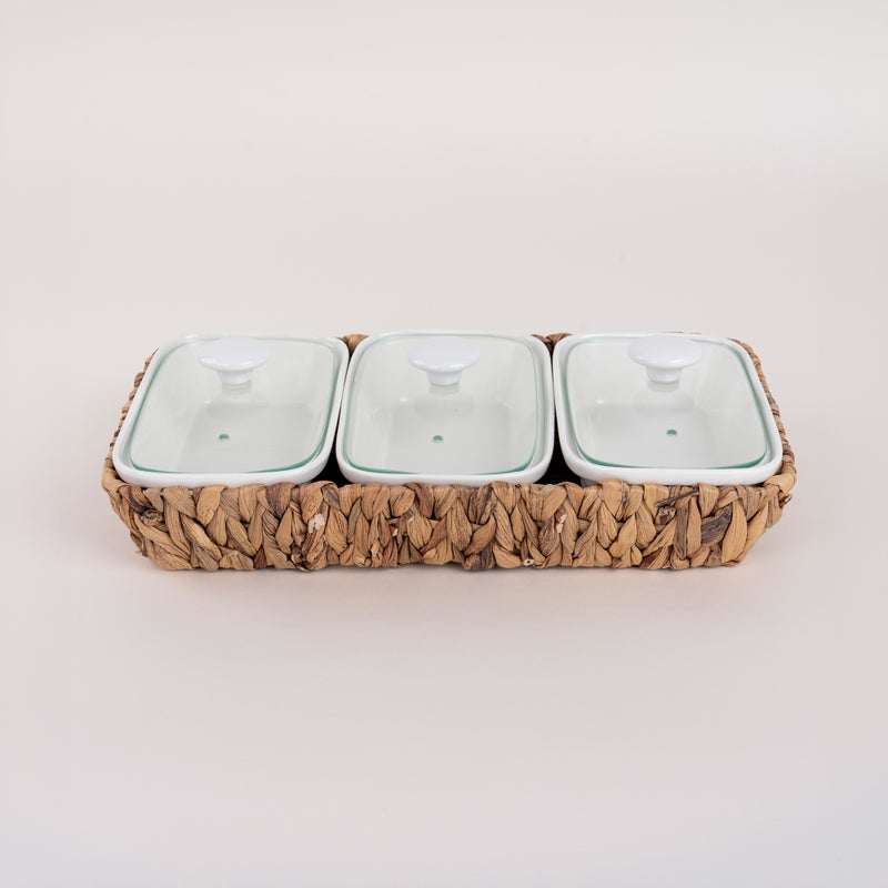 La Mesa Porcelain 3Pcs Rectangular Casseroles With Lid And Rattan Basket - Image 1