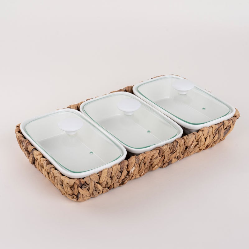 La Mesa Porcelain 3Pcs Rectangular Casseroles With Lid And Rattan Basket - Image 2