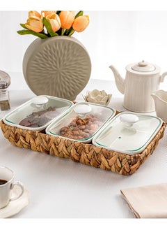 La Mesa Porcelain 3Pcs Rectangular Casseroles With Lid And Rattan Basket  - Image 1