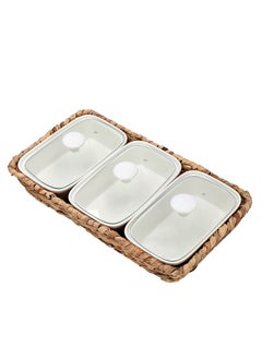 La Mesa Porcelain 3Pcs Rectangular Casseroles With Lid And Rattan Basket  - Image 4