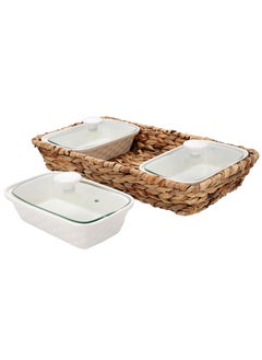La Mesa Porcelain 3Pcs Rectangular Casseroles With Lid And Rattan Basket  - Image 3