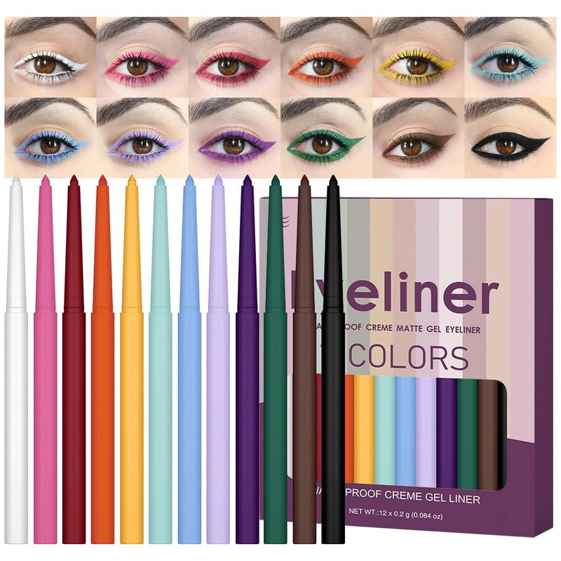 evpct 12Pcs Colored Matte Gel Eyeliner Pencils Set for Women, Green Blue White Black Auburn Yellow Orange Eyeliner Waterline Waterproof lapiz de ojos delineador de ojos contra el agua eye liner Makeup - Image 1