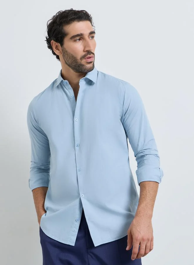 Styli Men Light Blue Poplin Solid Regular Fit Shirt