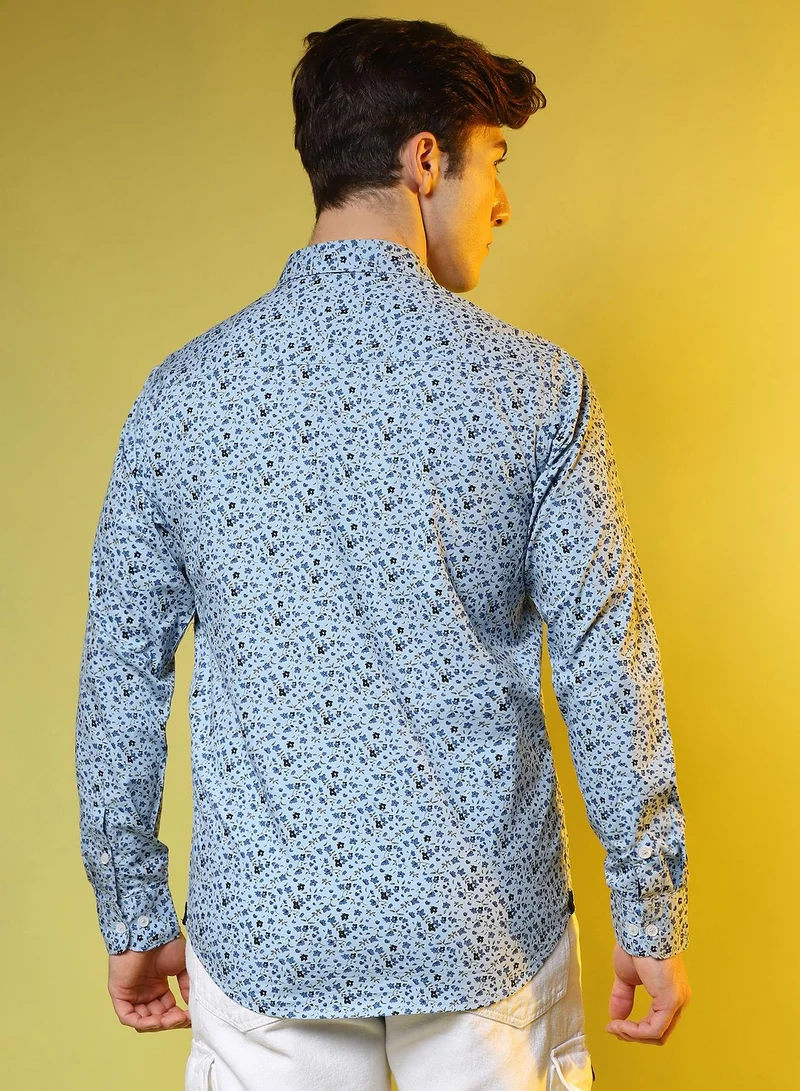Campus Sutra Men's Prussian Blue Micro Floral Shirt