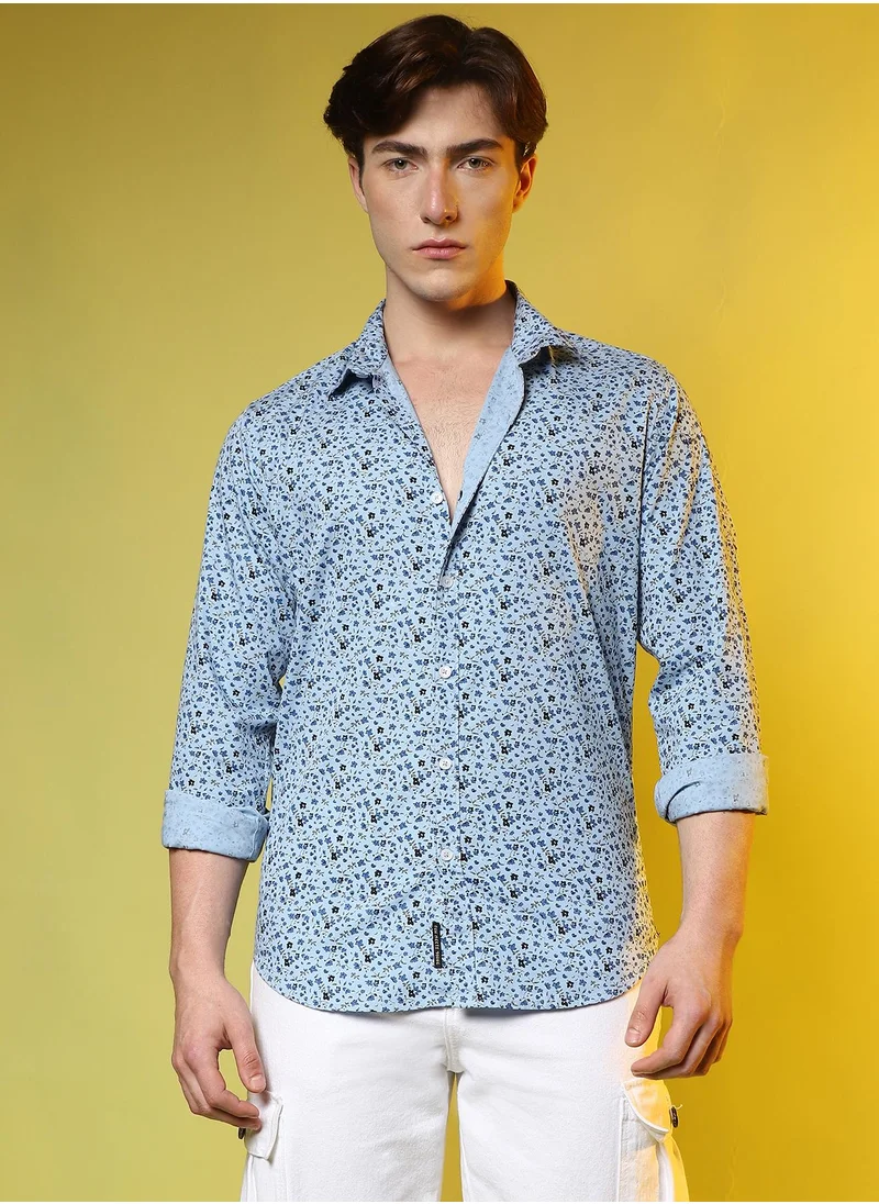 Campus Sutra Men's Prussian Blue Micro Floral Shirt