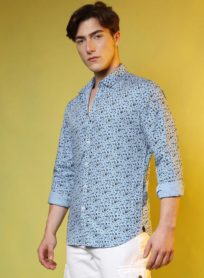 Campus Sutra Men's Prussian Blue Micro Floral Shirt