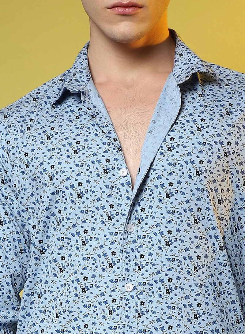 Campus Sutra Men's Prussian Blue Micro Floral Shirt