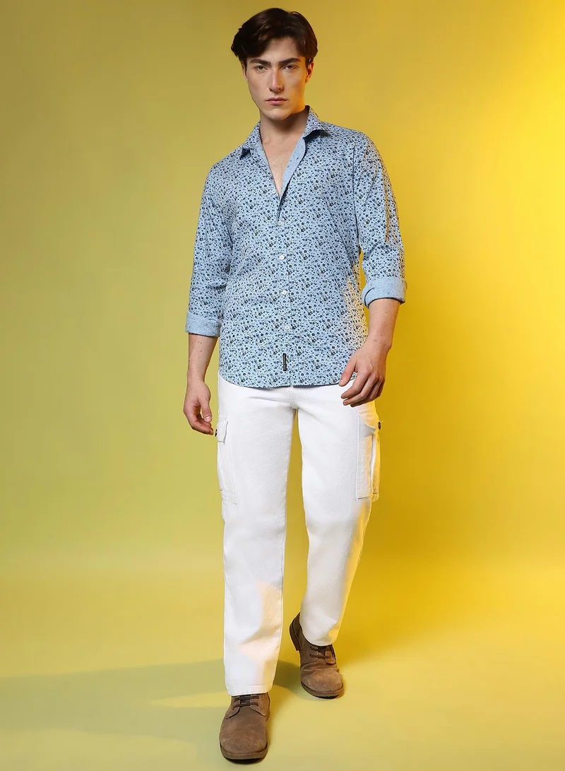 Campus Sutra Men's Prussian Blue Micro Floral Shirt