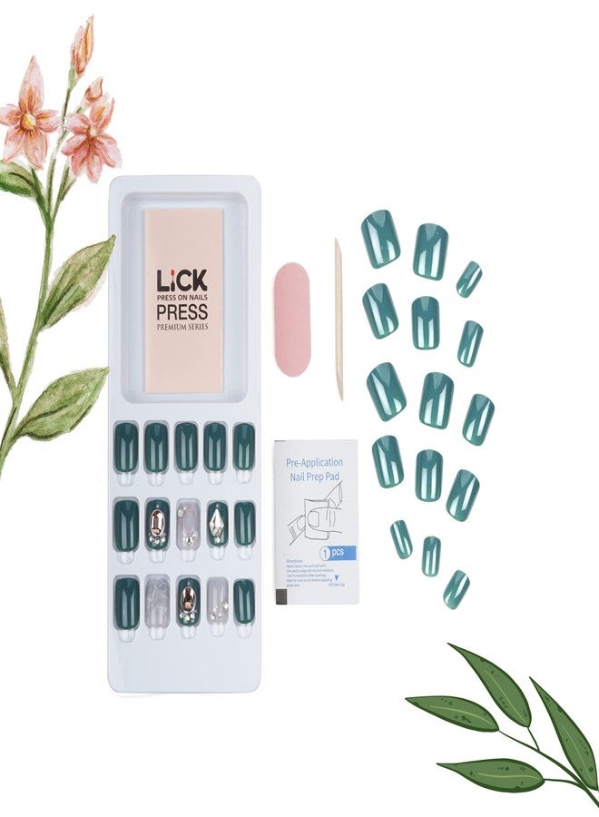 ليك أظافر لاصقة من ليك - 30 قطعة أظافر صناعية/قابلة لإعادة الاستخدام مع مجموعة أدوات التطبيق، لون أخضر زمردي مع لمحات من الرخام الأبيض والأحجار الكريمة (عبوة من 30 قطعة) - Image 3