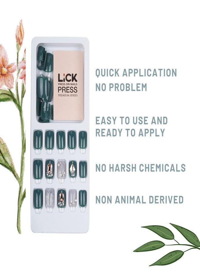 ليك أظافر لاصقة من ليك - 30 قطعة أظافر صناعية/قابلة لإعادة الاستخدام مع مجموعة أدوات التطبيق، لون أخضر زمردي مع لمحات من الرخام الأبيض والأحجار الكريمة (عبوة من 30 قطعة) - Image 2