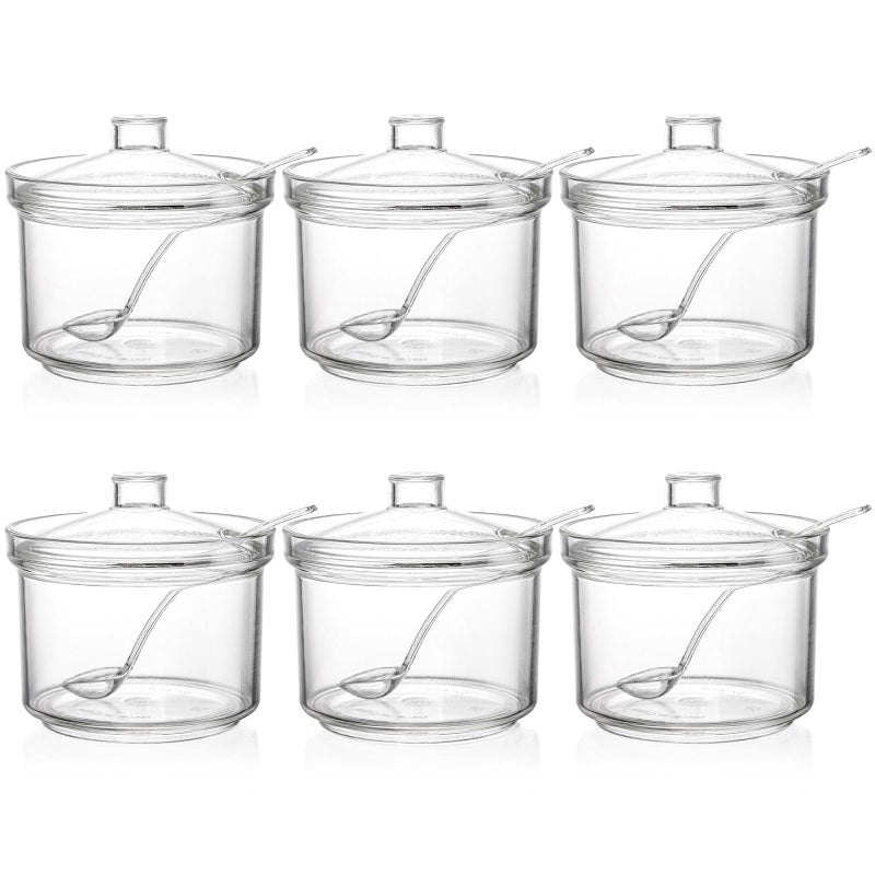 ZEAYEA Set of 6 Clear Acrylic Sugar Bowl, 14 oz Seasoning Box Condiment Pots with Spoon and Lid, Sugar Spice Salt Canister for Home Kitchen, Coffee Bar, Restaurant - Image 1