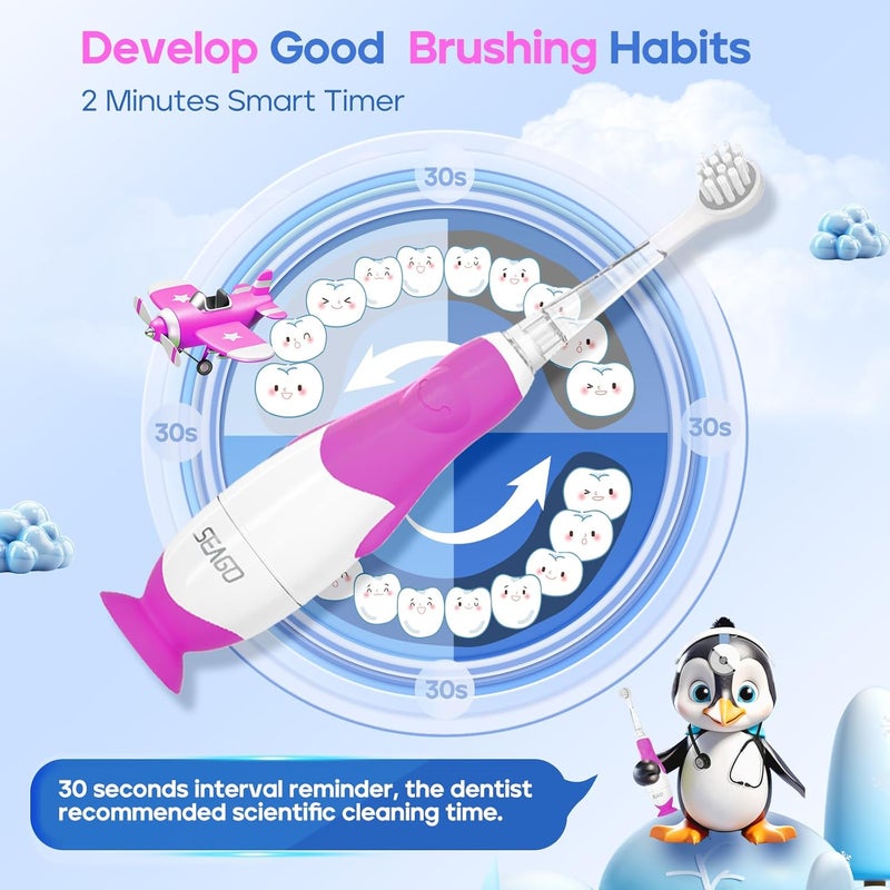 SEAGO Toddler Electric Toothbrushes for Baby Ages 0-3 Years, Baby Toothbrush with Smart Timer and Suction Base, 4 Replacement Brush Heads SG-513 - Image 5