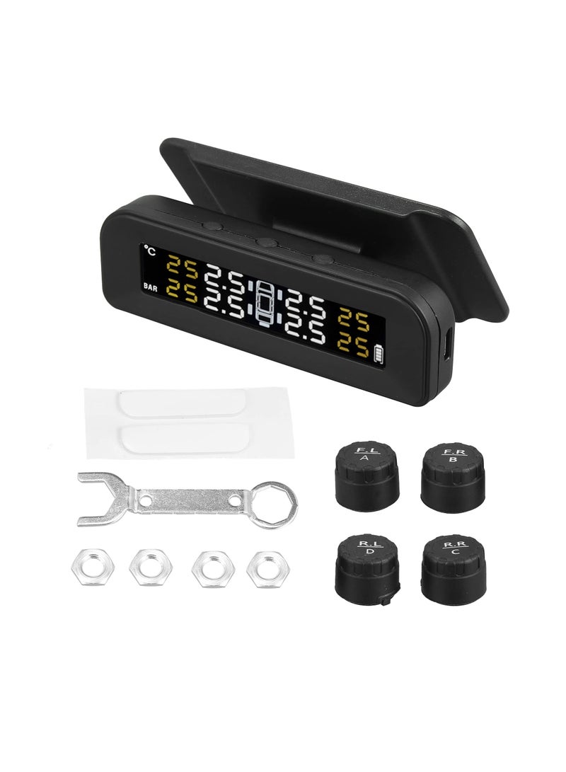 SYOSI Tire Pressure Monitoring System TPMS, Wireless Solar Charger Monitor on Windowshield, 5 Alarm Modes with 4 External Sensors LCD Display Angle Adjustable Monitor for Car RV SUV and Sedans - Image 1