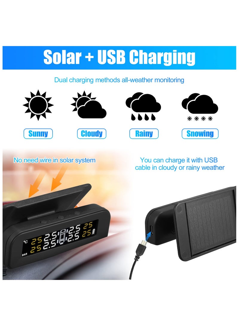 SYOSI Tire Pressure Monitoring System TPMS, Wireless Solar Charger Monitor on Windowshield, 5 Alarm Modes with 4 External Sensors LCD Display Angle Adjustable Monitor for Car RV SUV and Sedans - Image 4