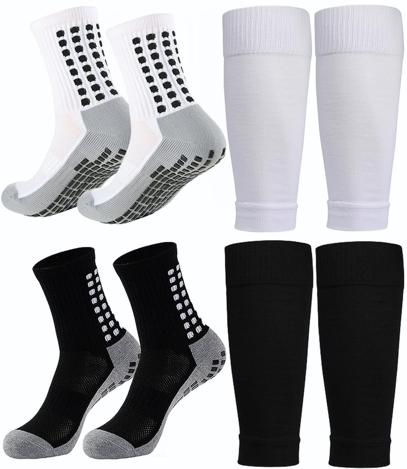 KMOLY 2 Set Soccer Grip Socks,Shin Guard Sleeves for Football Basketball for Men and Women One Size (2 Set (Black+White)) - Image 1