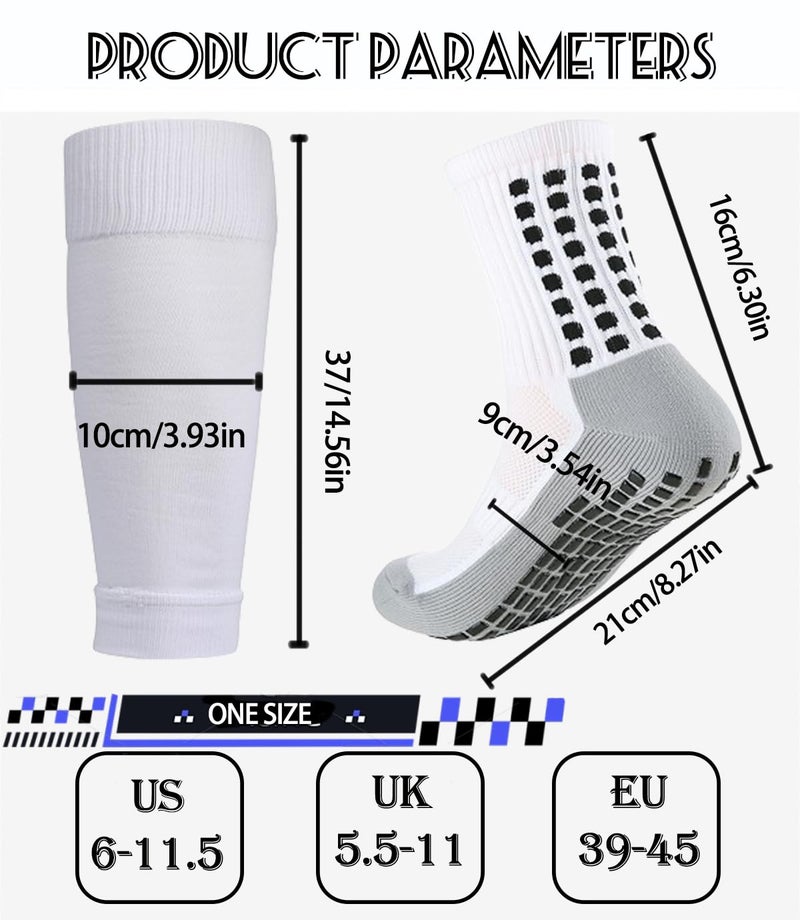 KMOLY 2 Set Soccer Grip Socks,Shin Guard Sleeves for Football Basketball for Men and Women One Size (2 Set (Black+White)) - Image 5