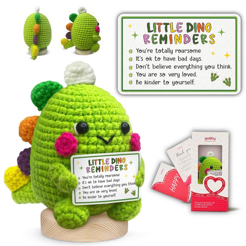 Gossby Handmade Positive Dinosaur Crochet - Inspirational Gift for Women - Little Dino Reminders - Christmas, Birthday, Emotional Positive Energy Gift for Coworker, Sister, Friend, Teacher - Image 1