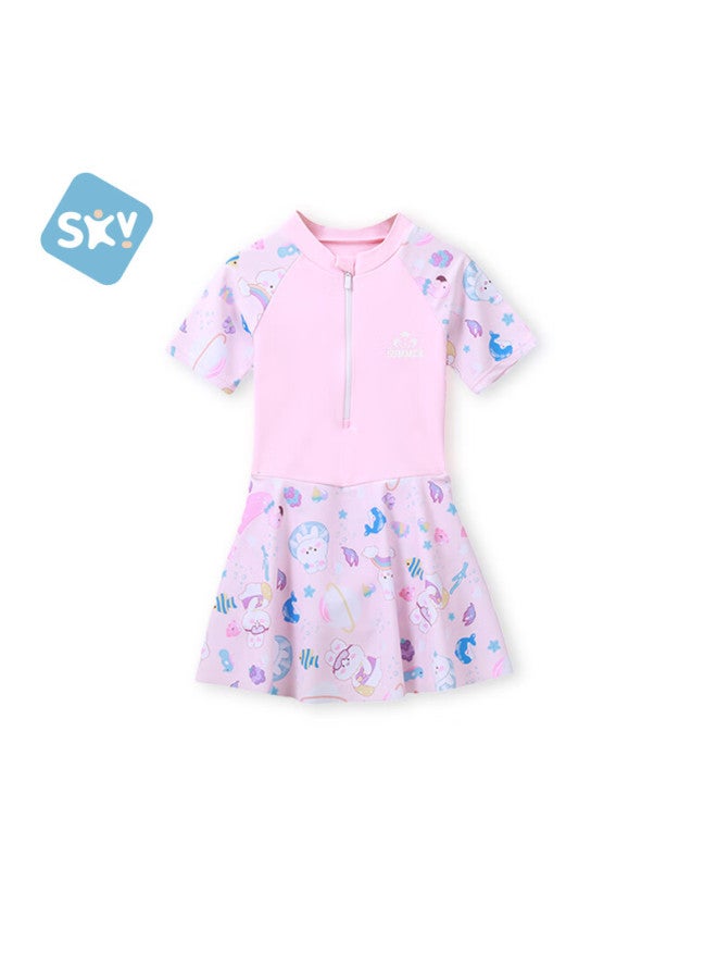 Shubeyi Children's Short Sleeve Swimsuit Summer Princess Dress One-piece Swimwear For Girls Pink 120