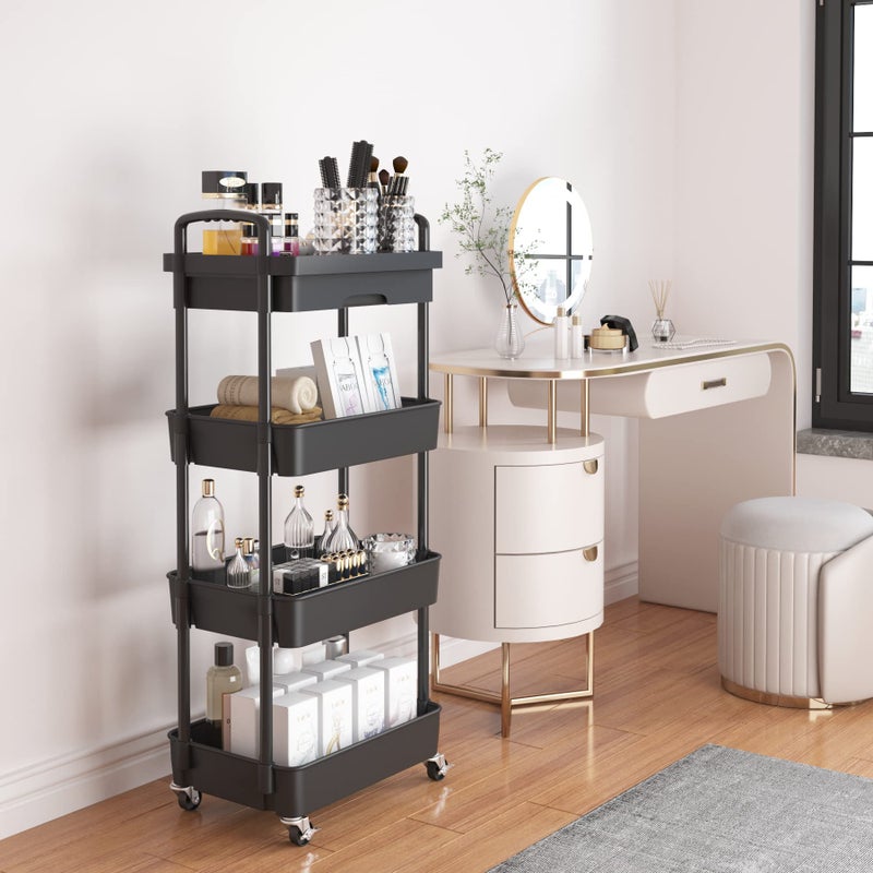 Calmootey 4-Tier Rolling Utility Cart with Drawer,Multifunctional Storage Organizer with Plastic Shelf & Metal Wheel,Storage Cart for Kitchen,Bathroom,Living Room,Office,Black - Image 2