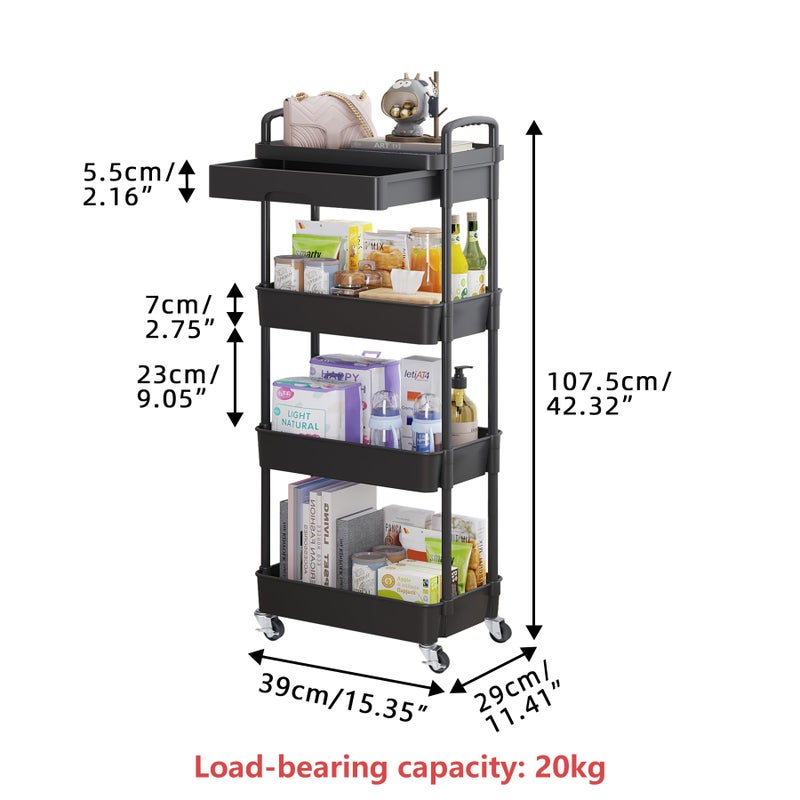 Calmootey 4-Tier Rolling Utility Cart with Drawer,Multifunctional Storage Organizer with Plastic Shelf & Metal Wheel,Storage Cart for Kitchen,Bathroom,Living Room,Office,Black - Image 5