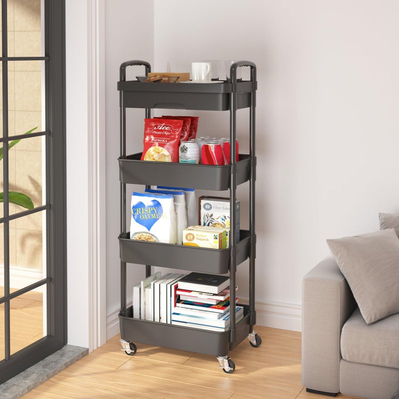 Calmootey 4-Tier Rolling Utility Cart with Drawer,Multifunctional Storage Organizer with Plastic Shelf & Metal Wheel,Storage Cart for Kitchen,Bathroom,Living Room,Office,Black - Image 4