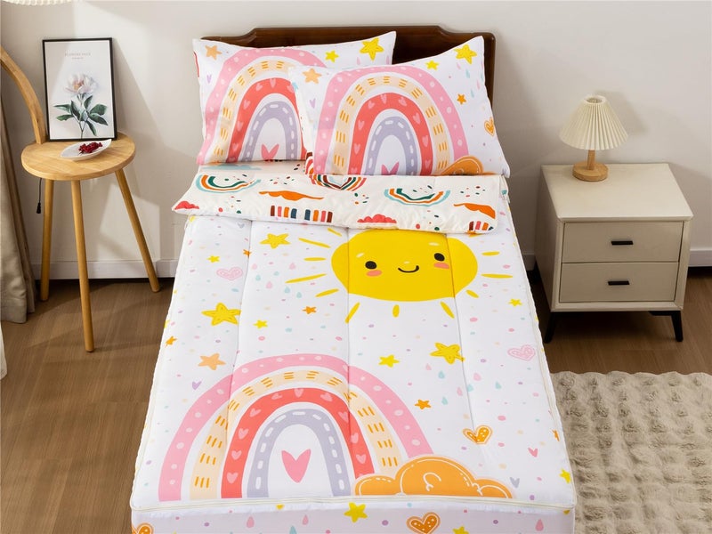 NTBED Rainbow Sun Printed Zipper Bedding Sets Twin for Kids Girls Lightweight Microfiber Comforter Set with Fitted Sheet Pillow Covers,White - Image 1