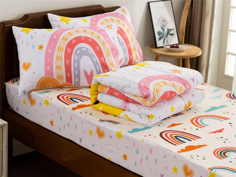NTBED Rainbow Sun Printed Zipper Bedding Sets Twin for Kids Girls Lightweight Microfiber Comforter Set with Fitted Sheet Pillow Covers,White - Image 4