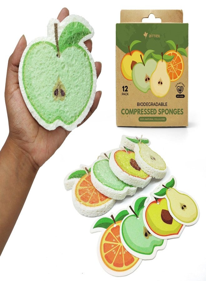 AIRNEX Biodegradable Cellulose Compressed Sponges Bulk - Fruit Shaped Kitchen Pack of 12 - Eco Friendly, Odor Free, Natural, Pop Up Compostable Scrubbers for Washing Dishes - Image 1