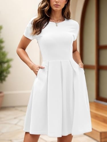 oxiuly White Graduation Dresses for Women 2024 Summer Business Casual Office Work Professinal Classy Short Sleeve Pleates High Waist A Line Scope Neck Vintage Dress S253 White S - Image 4