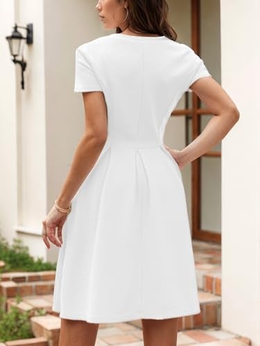 oxiuly White Graduation Dresses for Women 2024 Summer Business Casual Office Work Professinal Classy Short Sleeve Pleates High Waist A Line Scope Neck Vintage Dress S253 White S - Image 2
