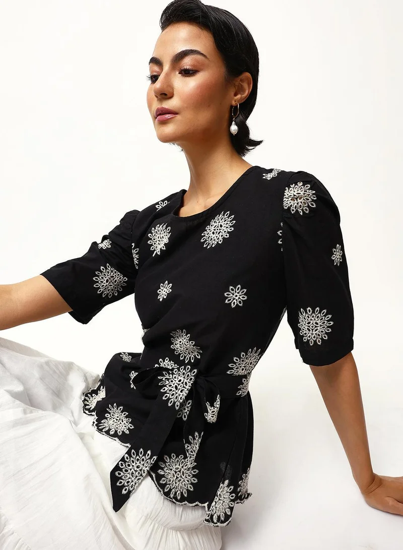 آي شين Black 100% Cotton Embroidered A-Line Tunic Relaxed Tops For Women